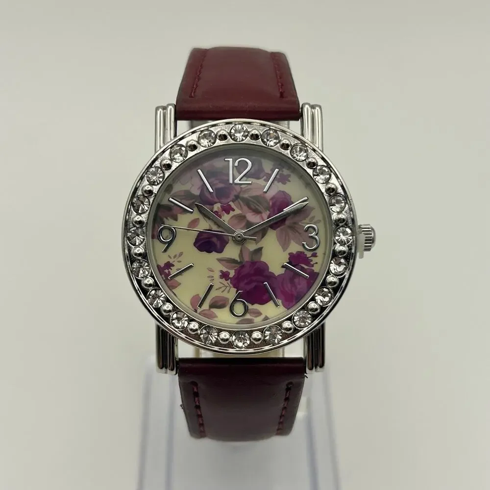 Floral Dial Crystal Bezel Women’s Watch Brown Leather Working New Battery